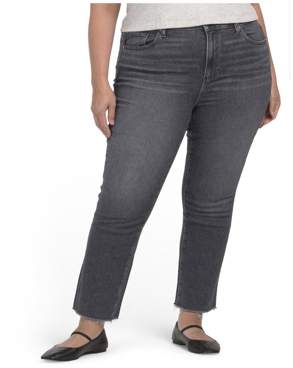 PAIGE Cindy Jeans 24W Plus Ash Black High Rise Straight Raw Hem Stretch Denim